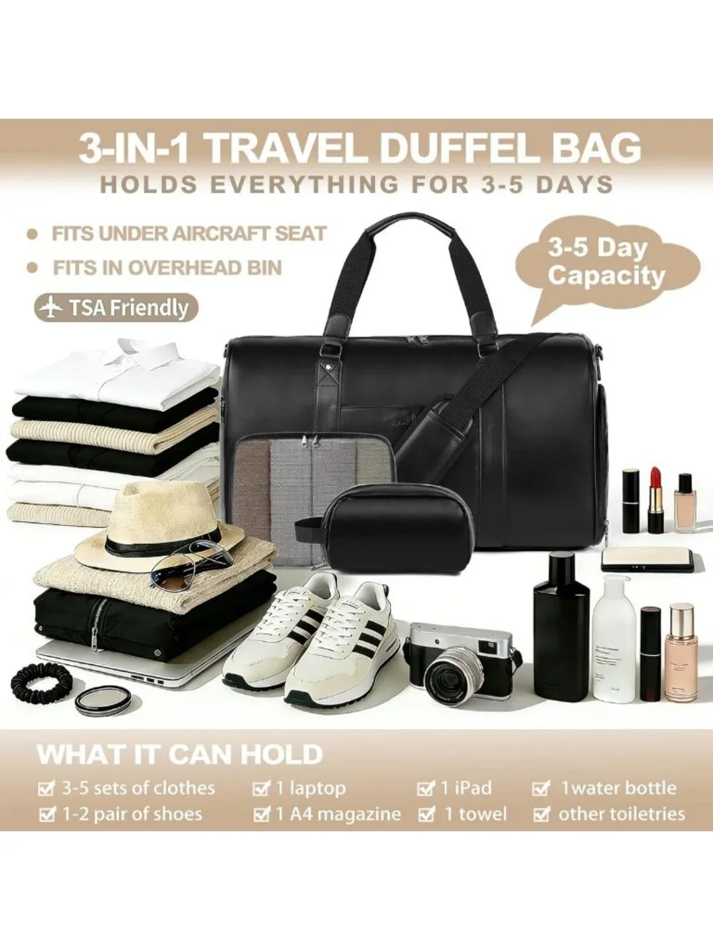 Versatile 3-in-1 Leather Duffle Bag for Travel, Gym, Overnight & Weekender Use